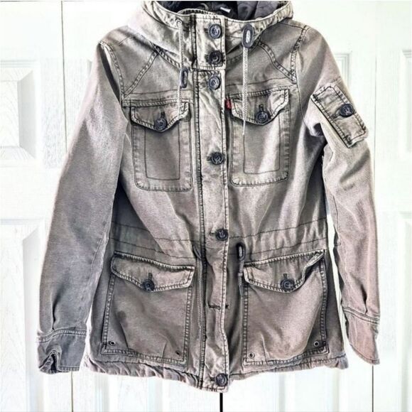 Levi's Hooded Utility Jacket Lots of Pockets Khaki Green, Women's Small - Picture 1 of 9